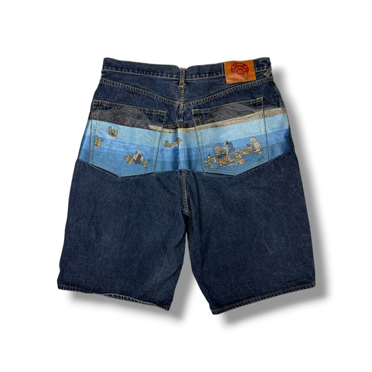 Ukiyo-e Graphic Indigo  Denim Shorts