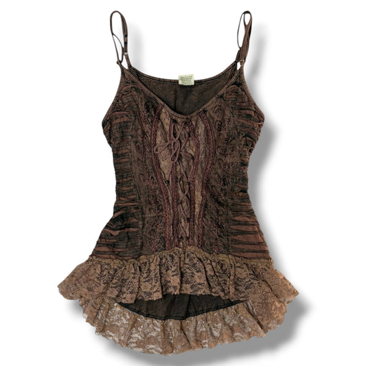 Boho Brown Lace-Up Cami Top